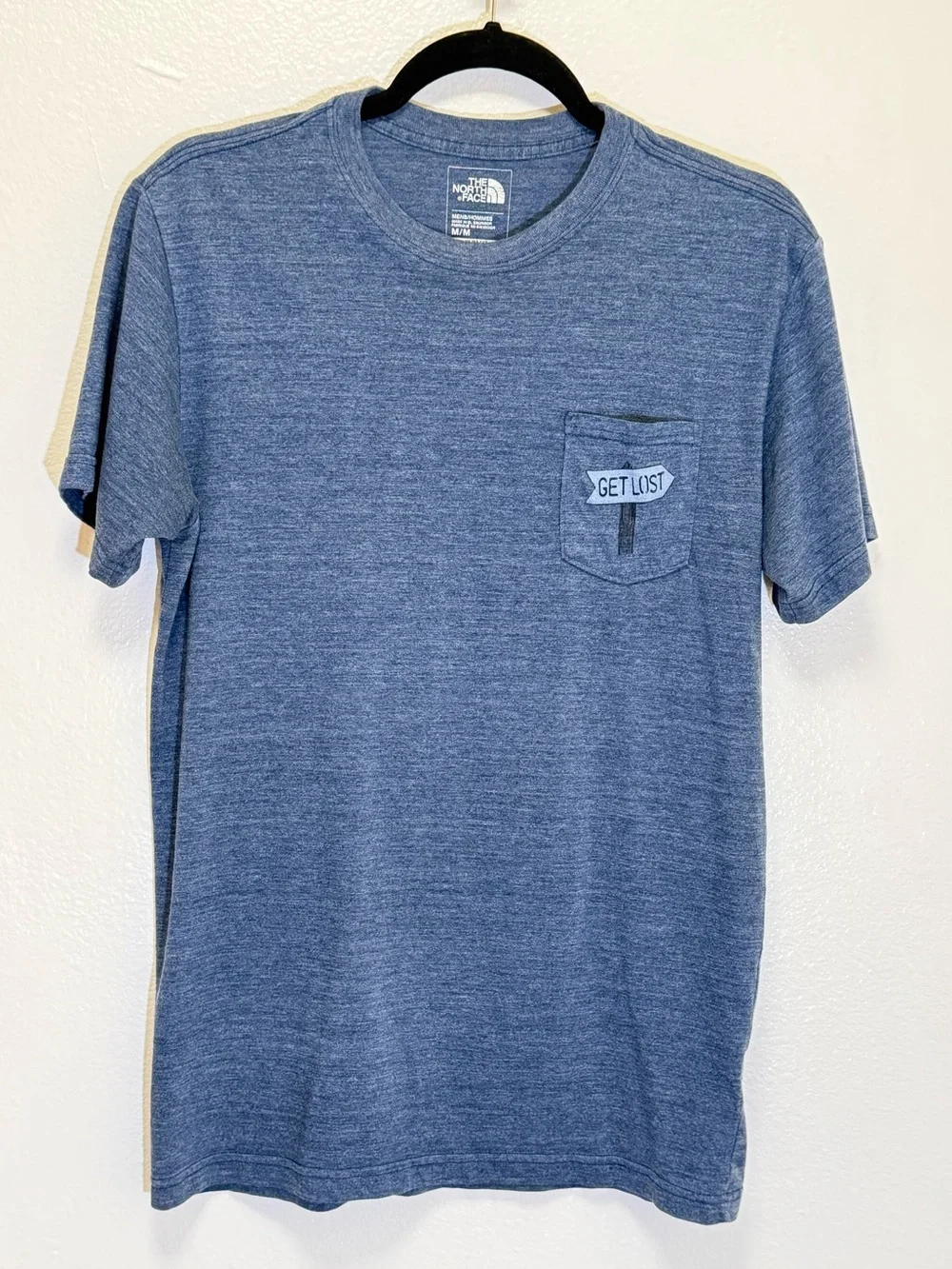 The North Face - Heather Navy Pocket Tee with 'Get Lost' Patch - Men's size M